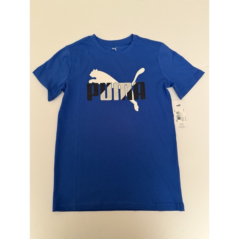 PUMA Boys Medium T-Shirt Blue White Logo Graphic Cotton Athleisure Kids Tee NWT